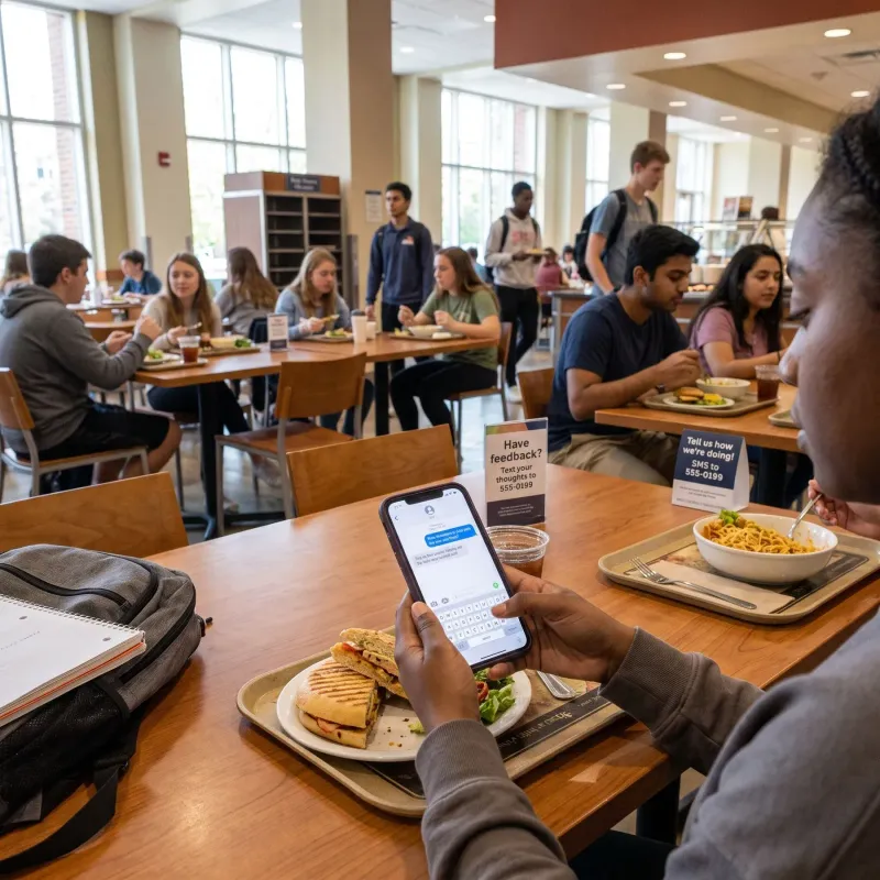 A student in a busy campus dining hall texting feedback on their phone, next to table signs inviting diners to text their thoughts.