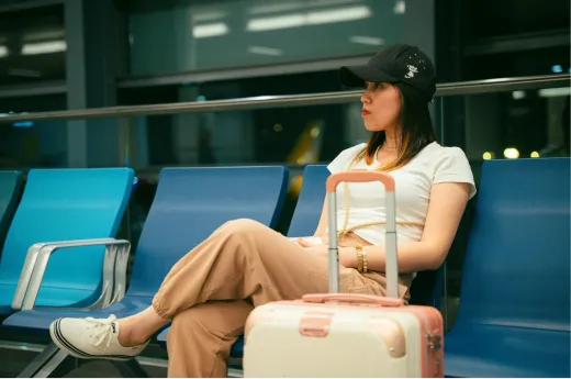 A traveler waiting in an airport terminal with a suitcase.