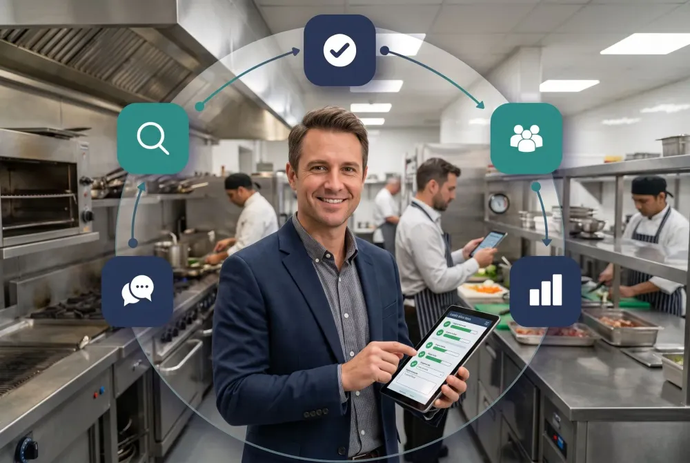A smiling manager in a commercial kitchen holding a tablet with a completed checklist while chefs work behind him, surrounded by icons for feedback, investigation, resolution, team alerts and reporting.