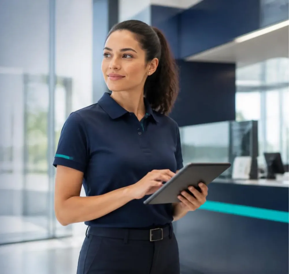 A team member in a navy polo shirt holding a tablet.