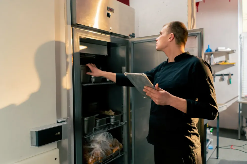 A chef checking a commercial kitchen oven while holding a tablet.
